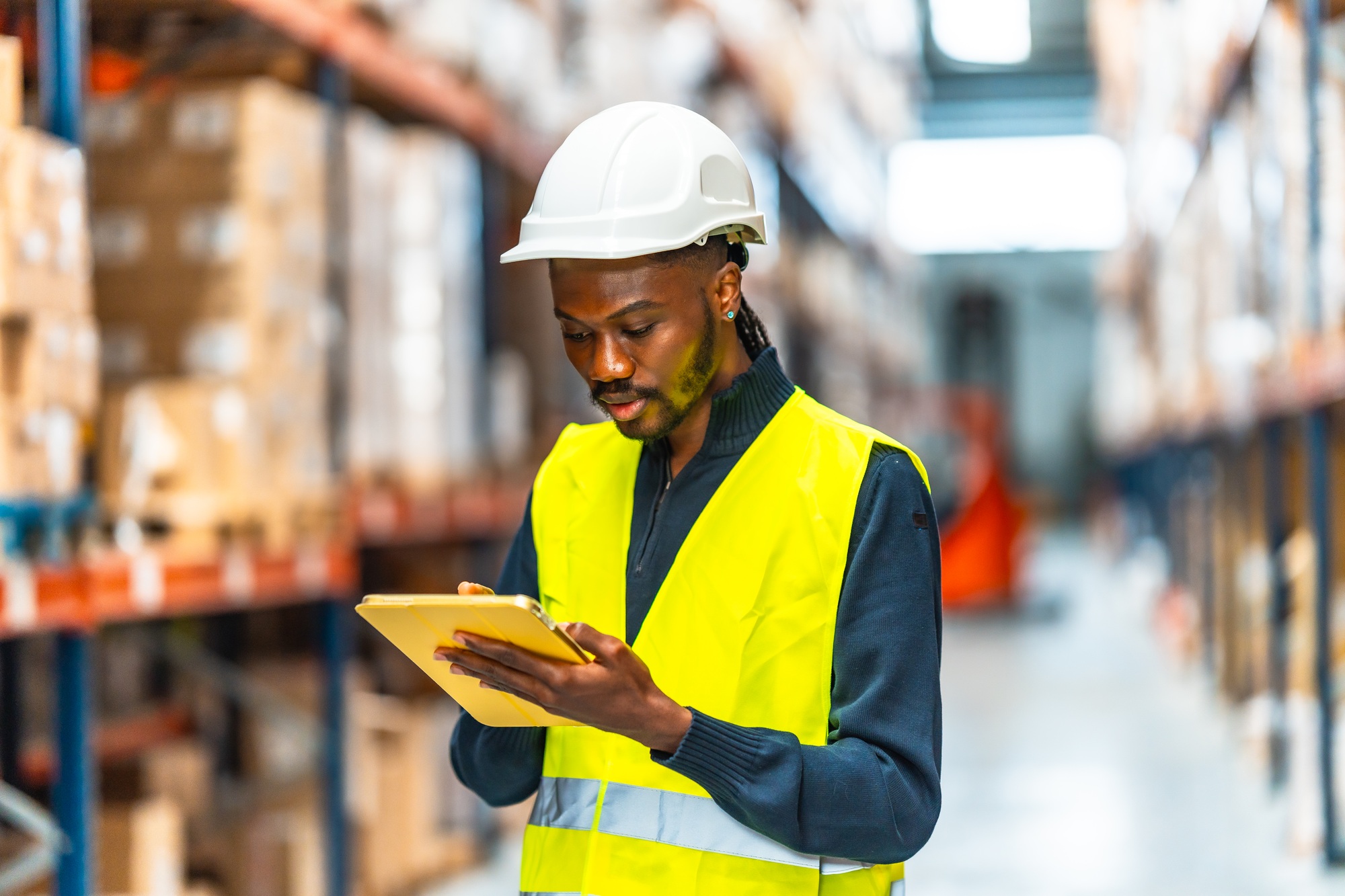 A warehouse worker taking inventory in the storage room