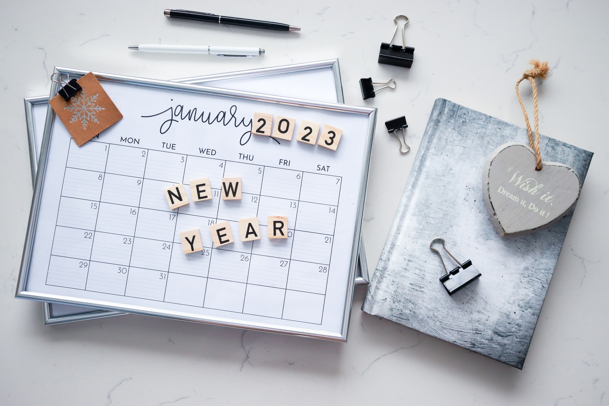 Calendar flat lay. Planning for the new year 2023.