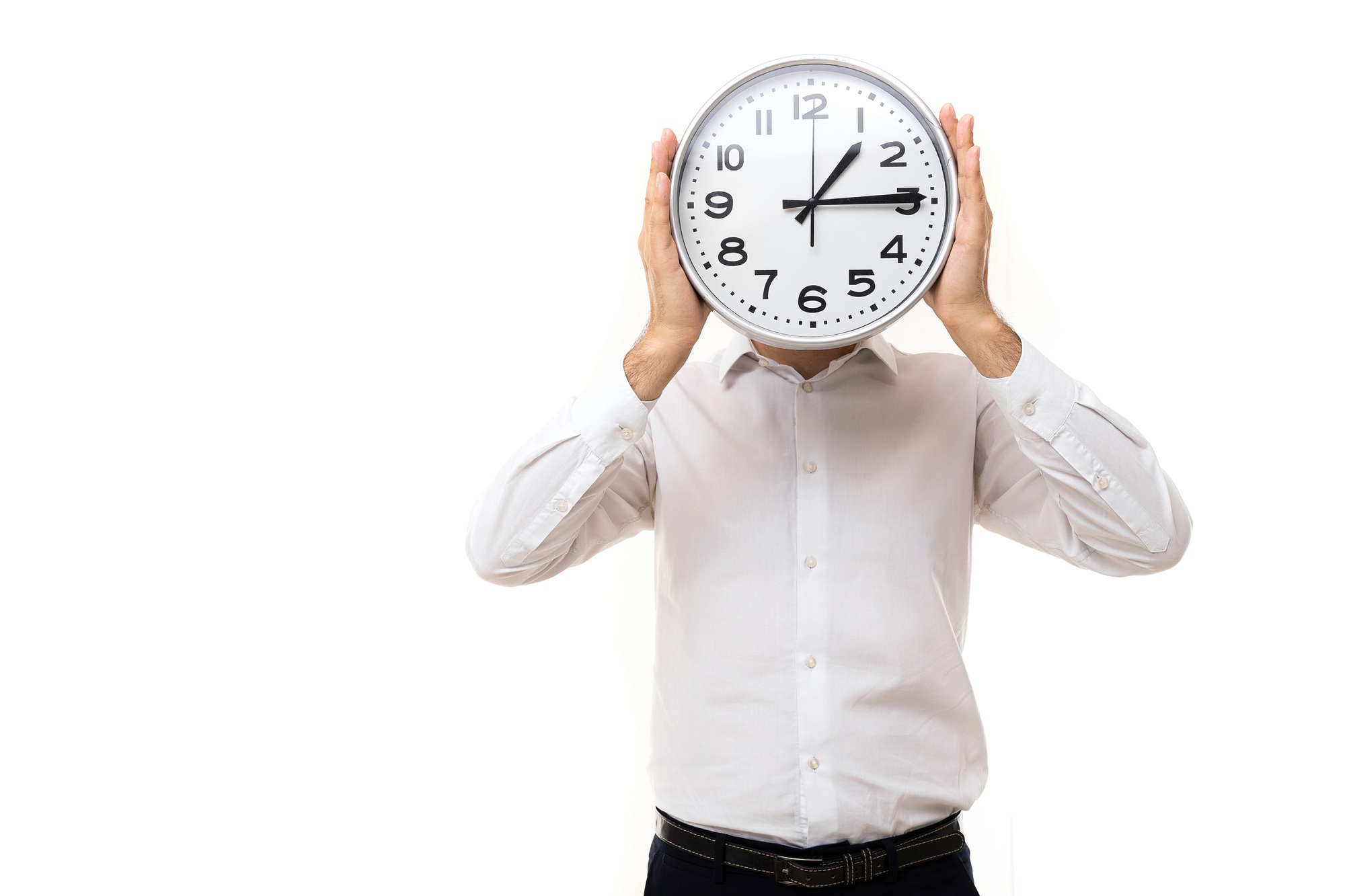 Concept of time and time management, a man in a white shirt with a clock face Instead of a head
