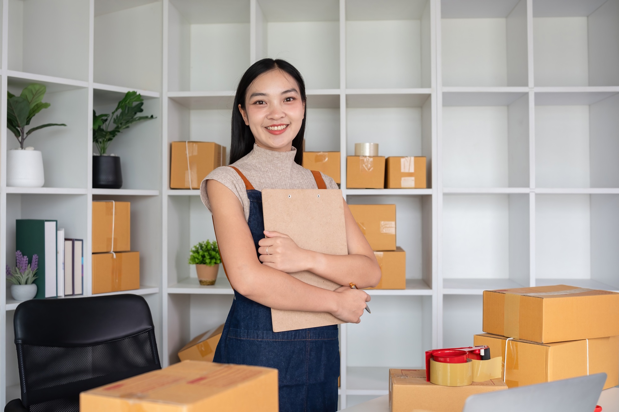 Confident owner of a small online sales business stands holding a clipboard with inventory and