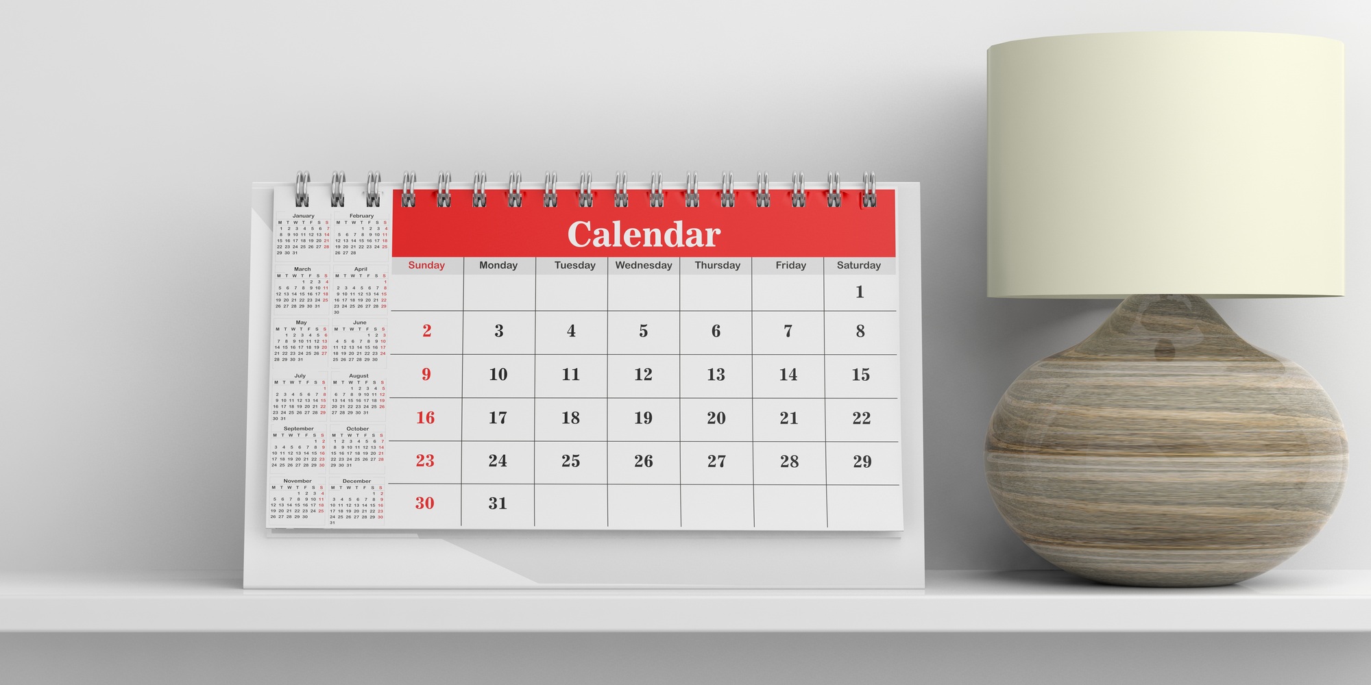 Desk calendar and a table lamp on white background. 3d illustration