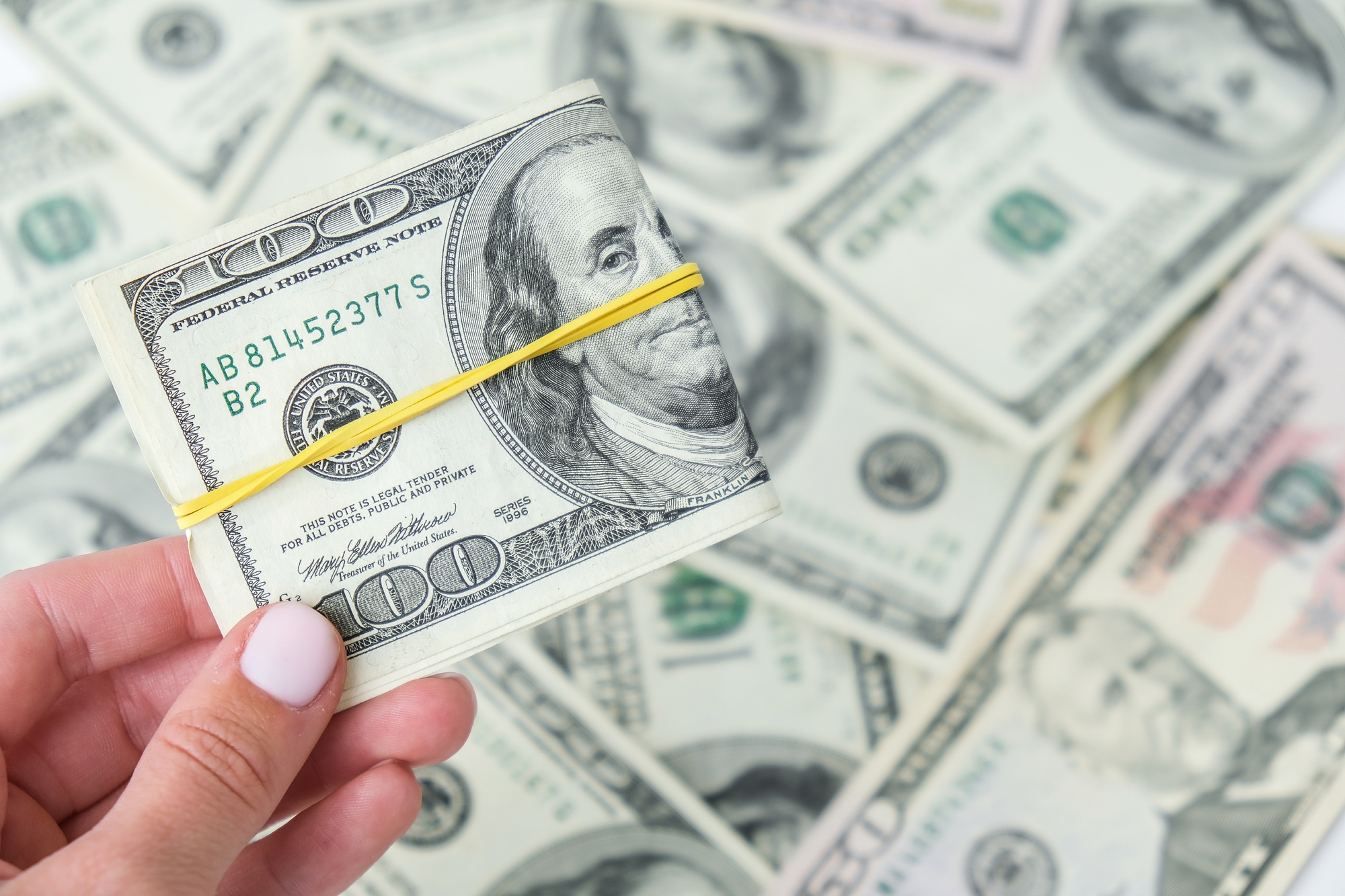 Female hand holding dollars close up. Money currency. Online shopping. Giving money. Business budget