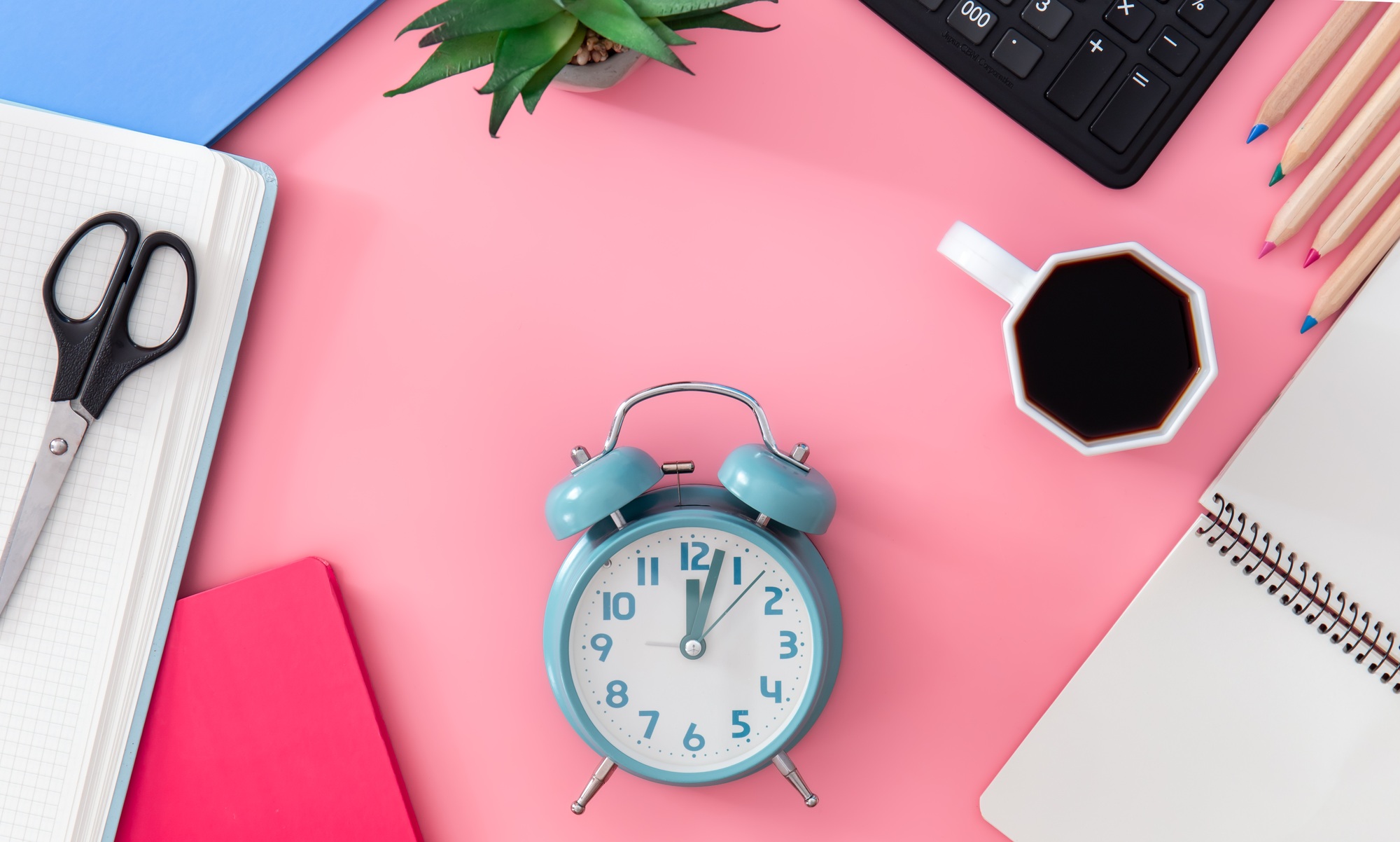 Flat lay with stationery items, workplace concept.