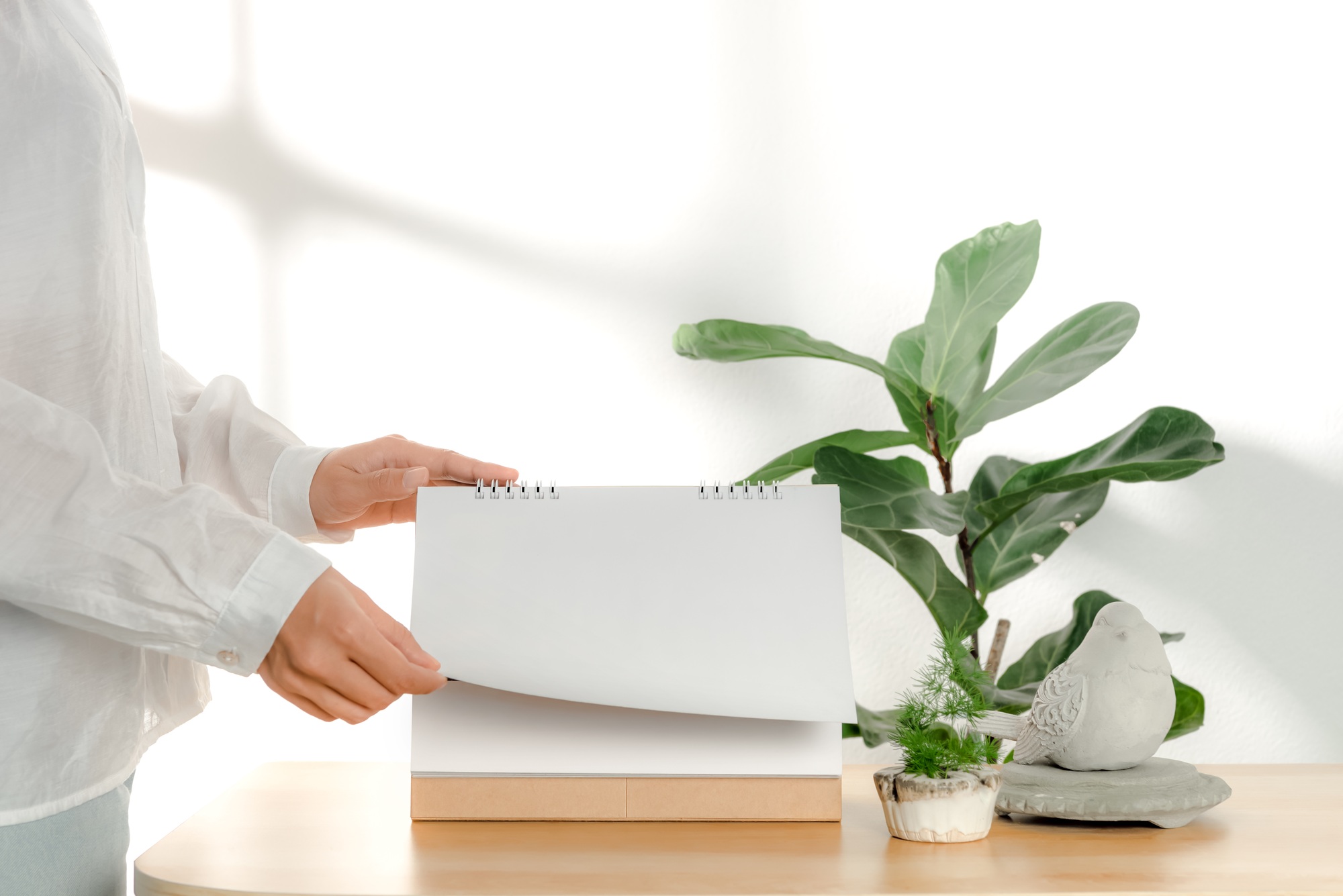 Hand holding Blank paper spiral calendar for mockup template advertising and branding background.