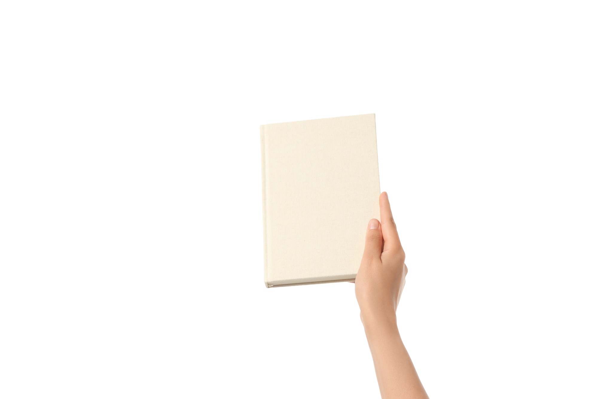 Hand holds a blank notebook for ideas, on white background