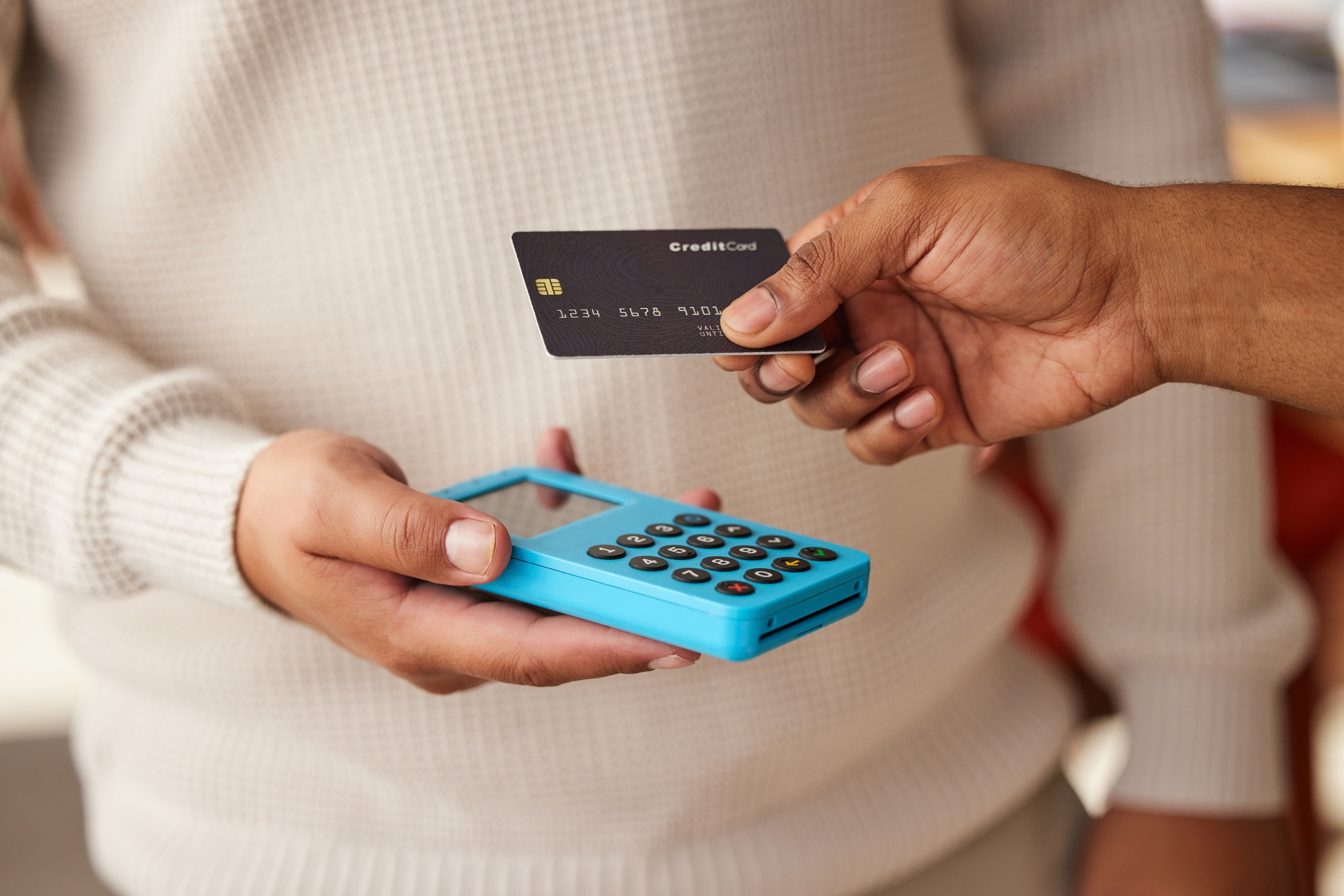 Hands, credit card and payment on pos machine for fintech, banking or ecommerce. Digital purchase,