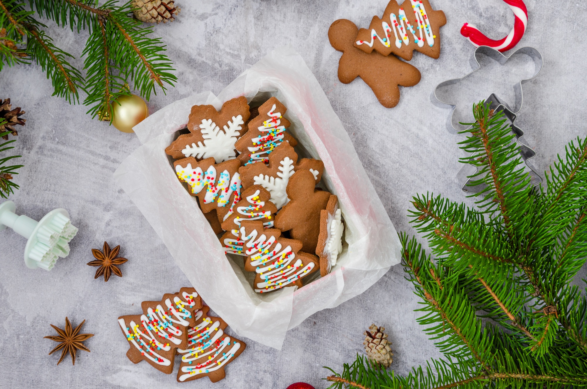 Homemade Christmas gingerbread cookies in a box. Top view. Horizontal orientation.