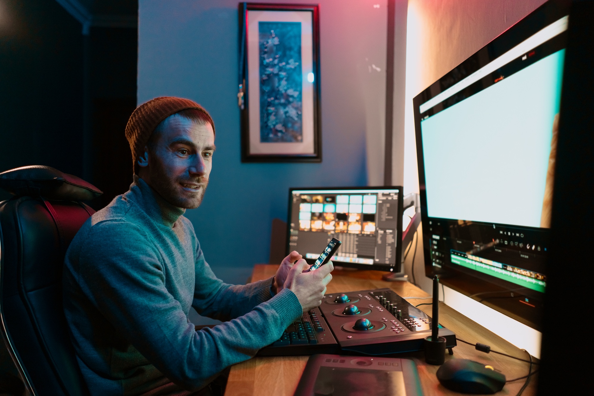 Male Video Editor sitting at his Computer using phone blank screen