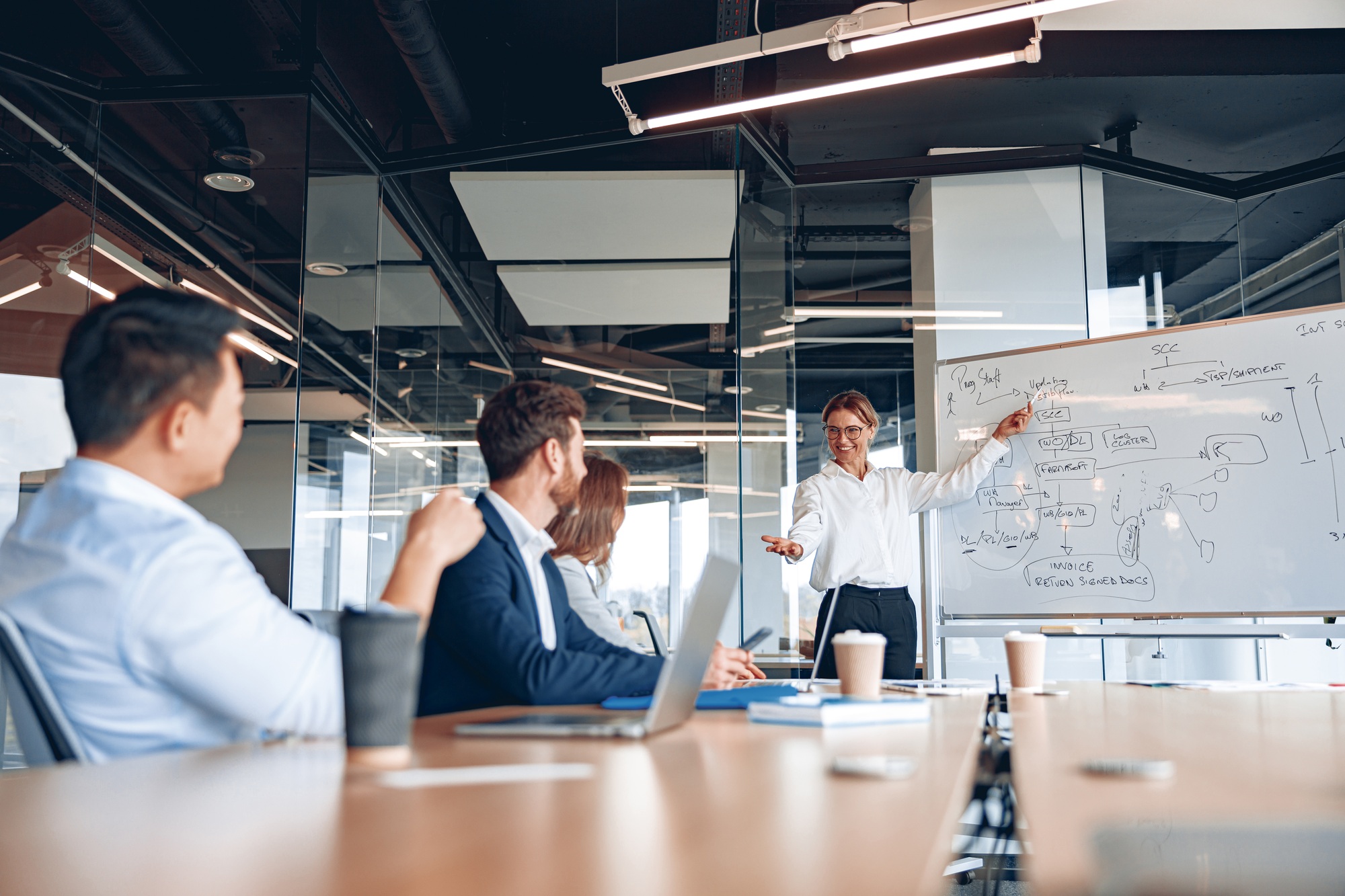mature leader conducts a meeting for employees near a flipchart and explains the work strategy