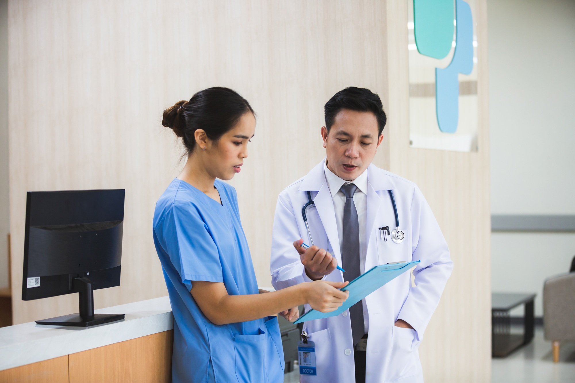 Meeting, healthcare worker and doctors for research, planning hospital schedule management