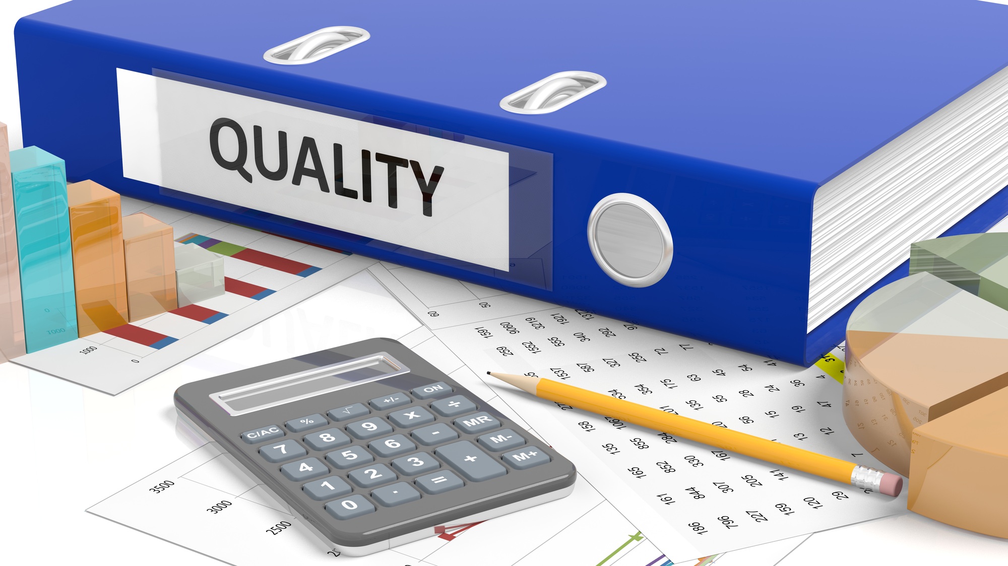 Office desktop with stats, calculator, pencil, papers and folder named Quality