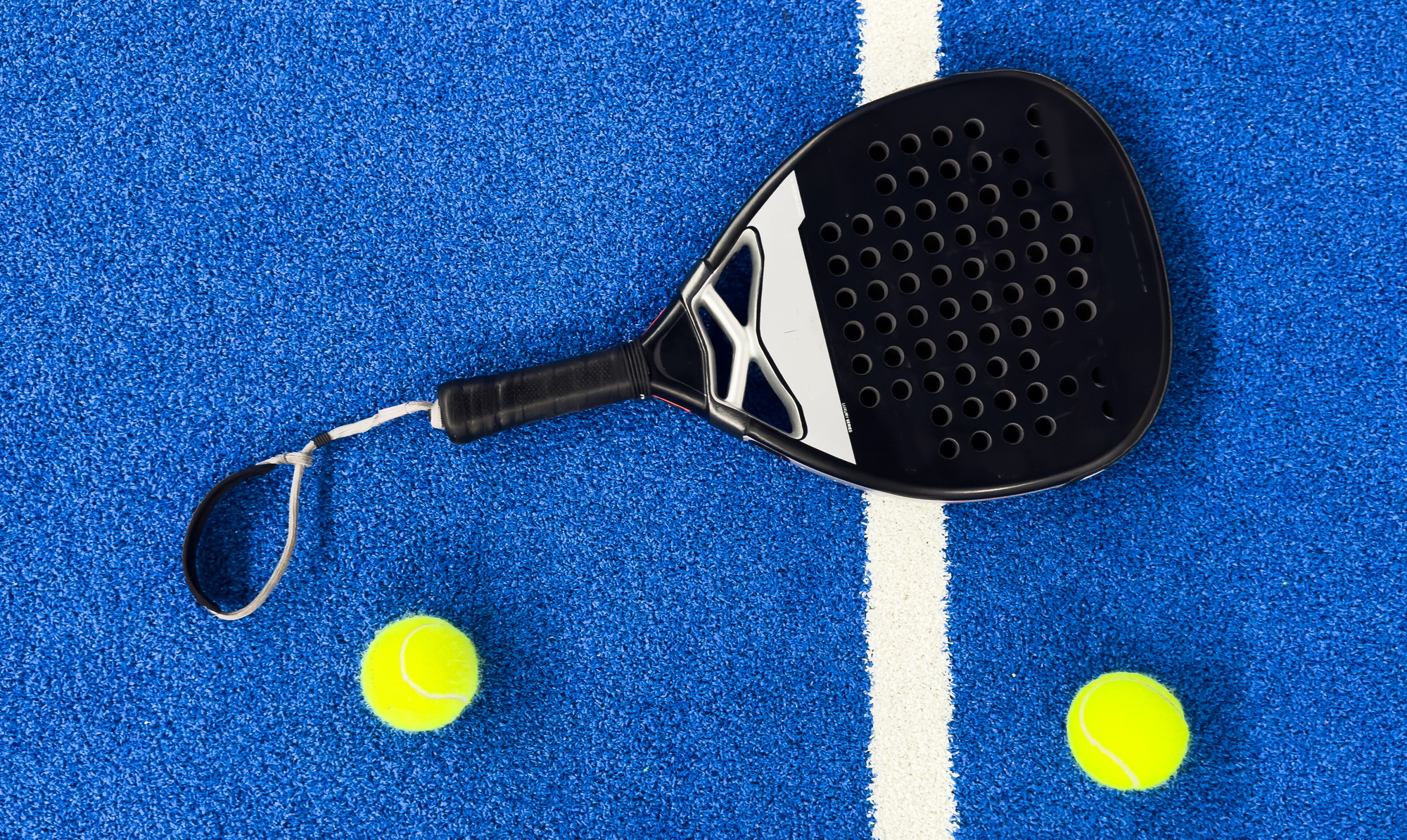 Padel racket. Background with copy space. Sport court and balls. Social media template. Promotion
