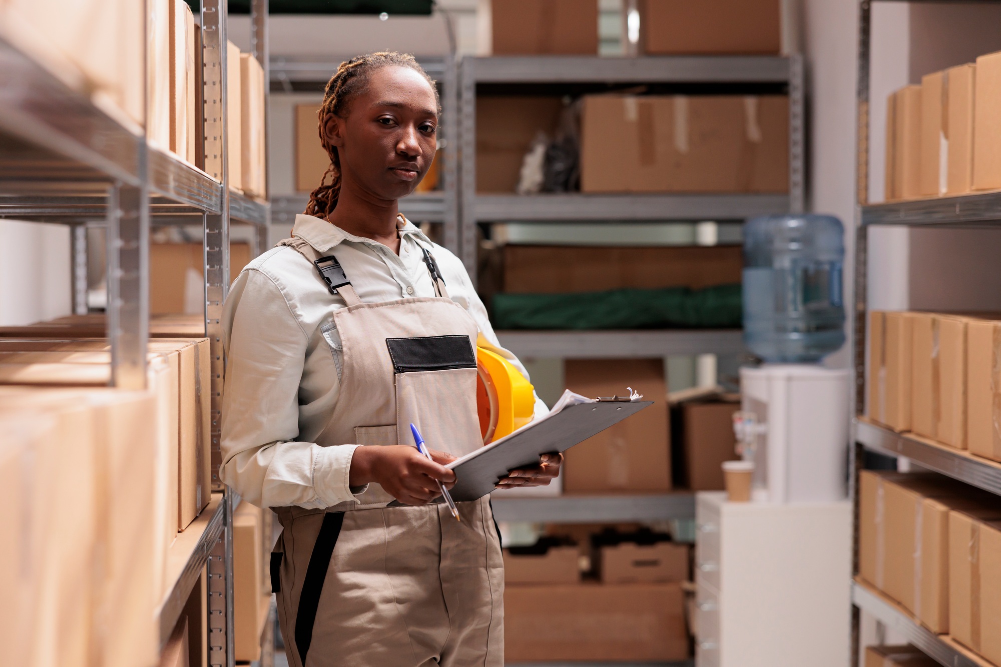 Serious delivery service worker tracking inventory in warehouse portrait