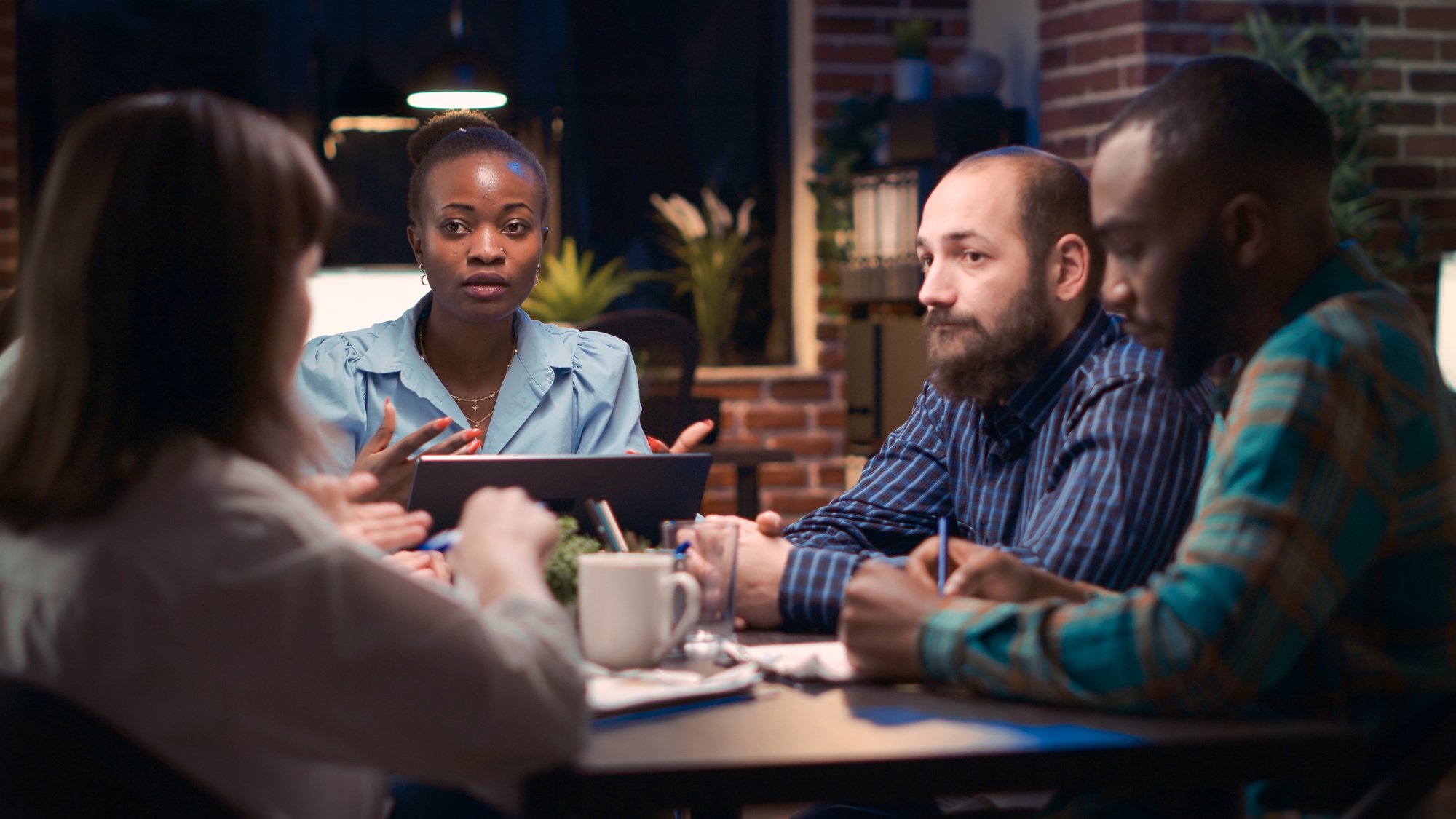 Strategic planning business meeting, african american employee speaking
