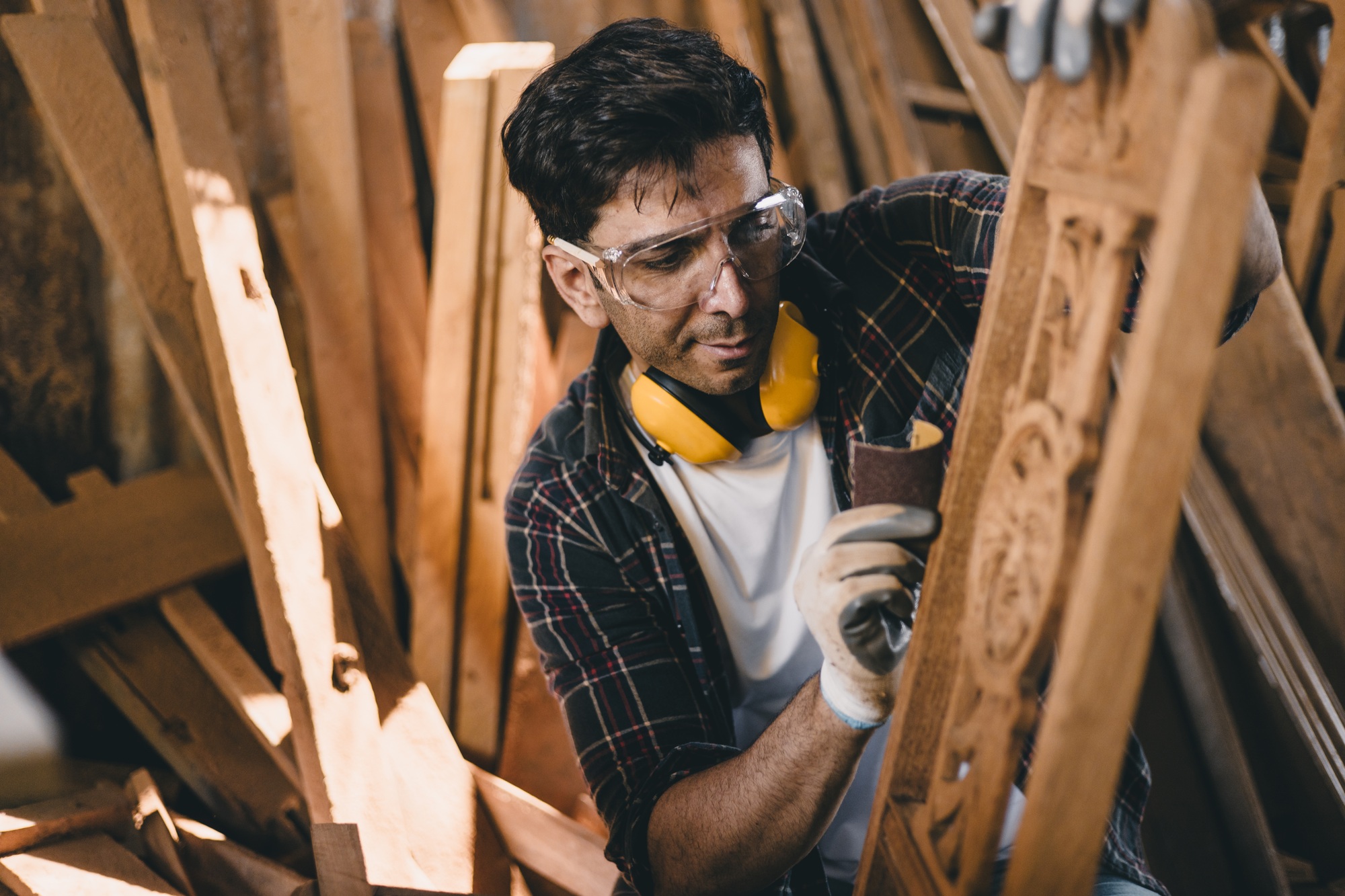 portrait professional carpenter man hand working make wooden handcraft furniture master workpiece