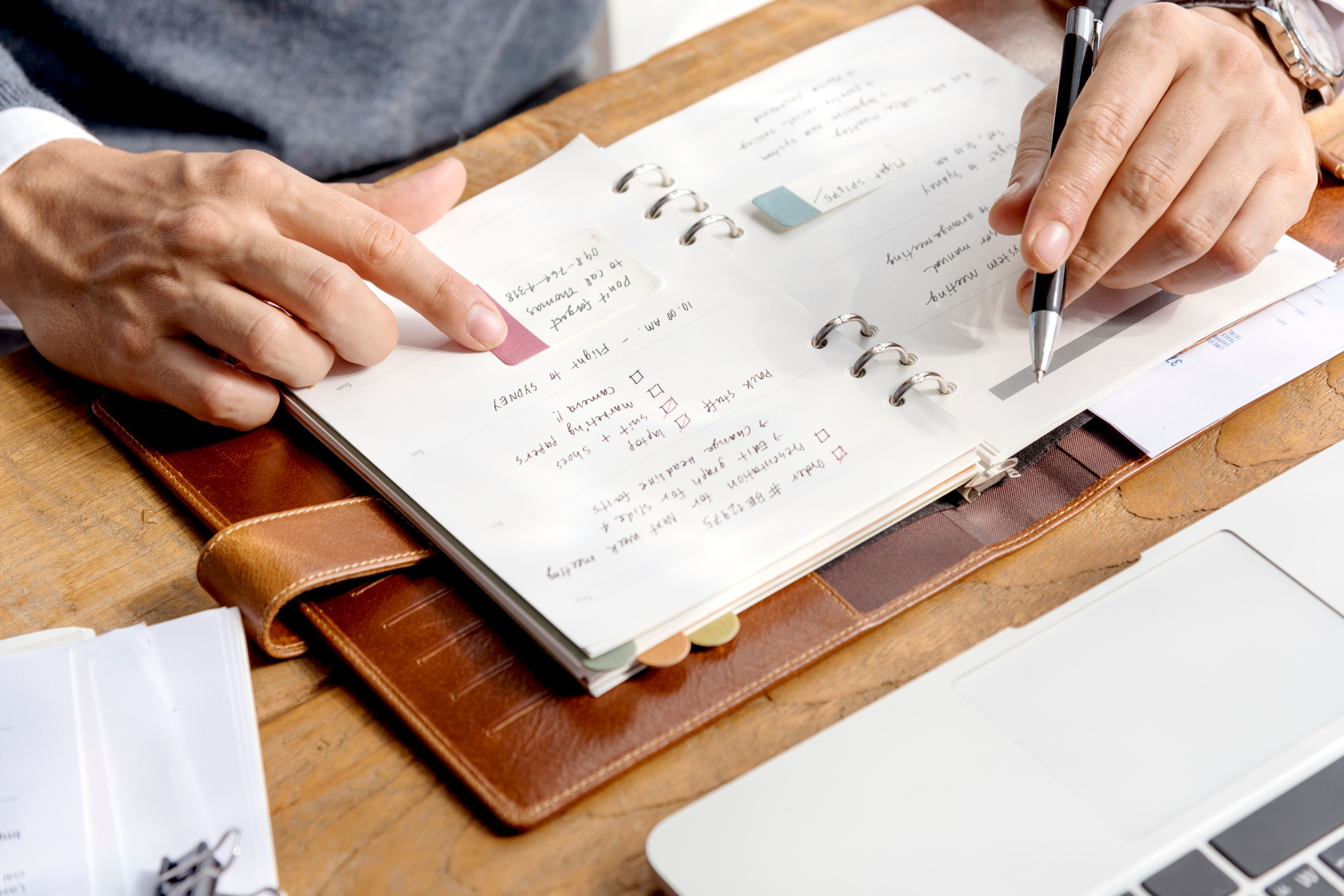 Business Man Hands Schedule Notebook Concept