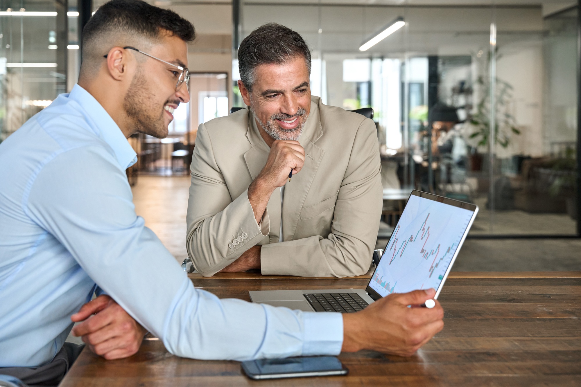 Financial advisor consulting investor explaining financial trade stock market.