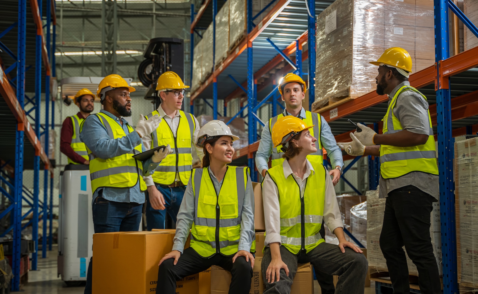 Successful warehouse team smiling happily.