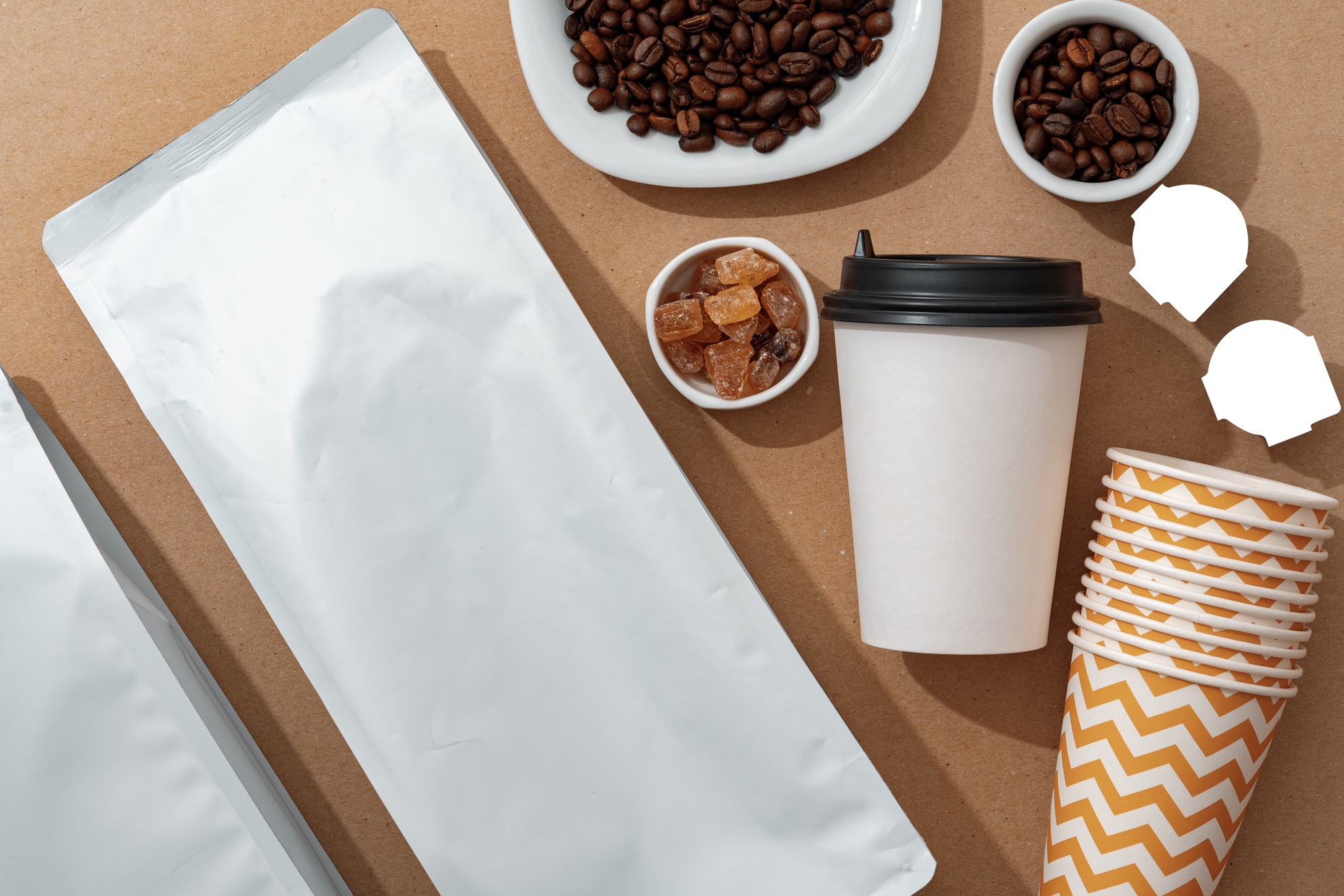 Coffee identity branding mockup set top view flat lay
