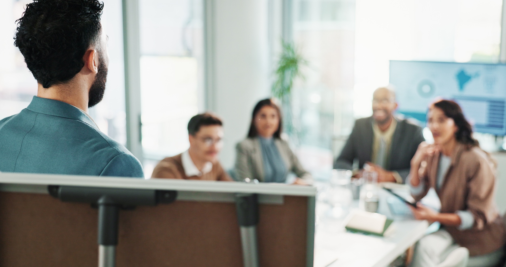 Group, business man and whiteboard for presentation, training or compliance officer coaching in com