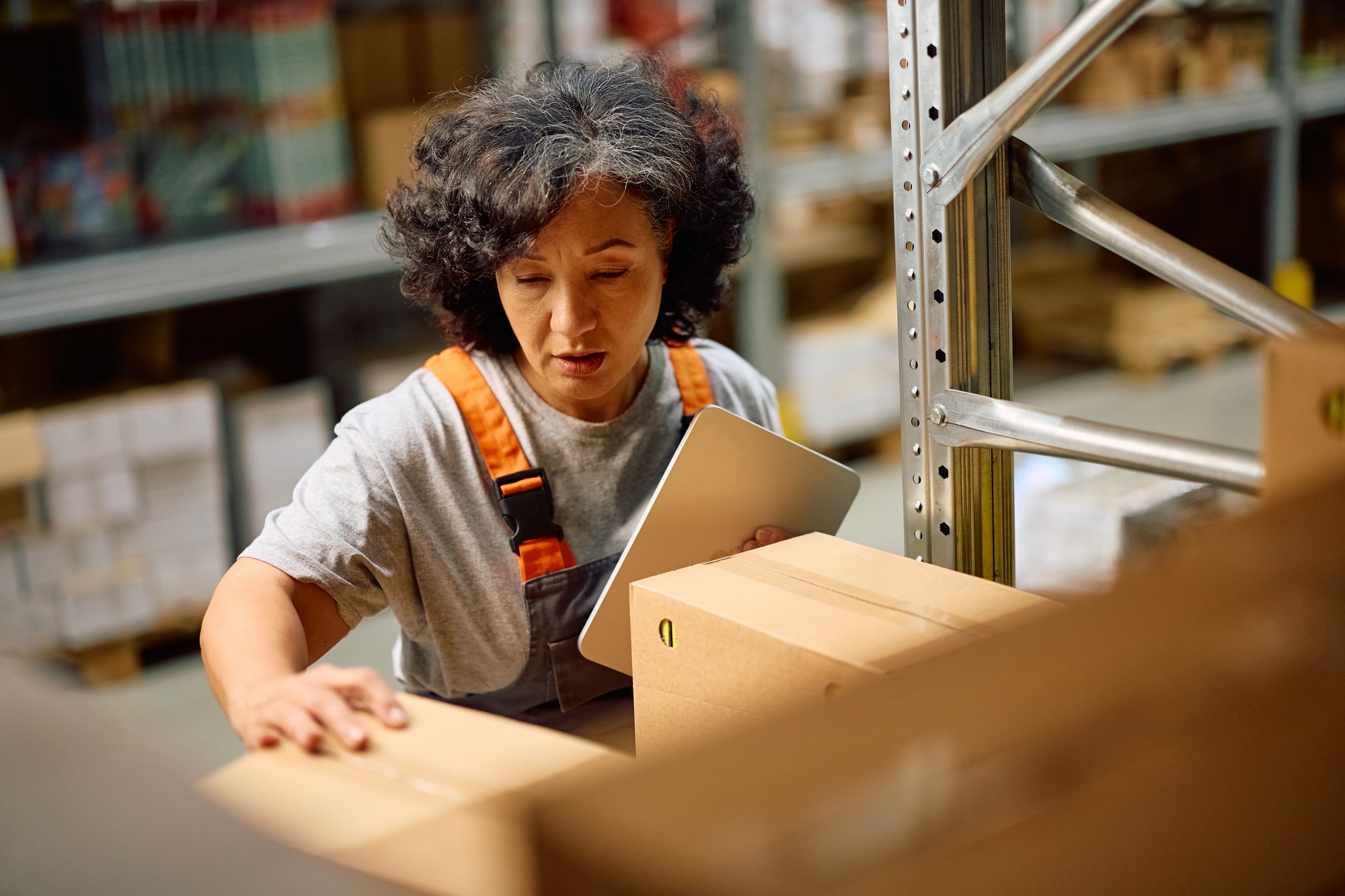 Mature female worker taking inventory at distribution warehouse.