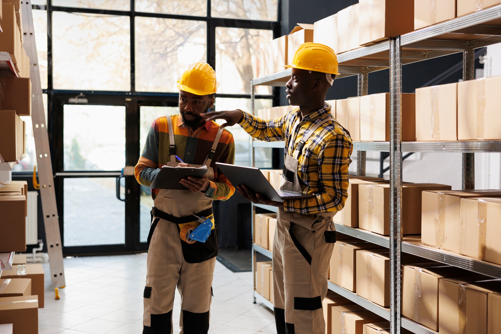Warehouse coworkers using laptop inventory software, writing in clipboard